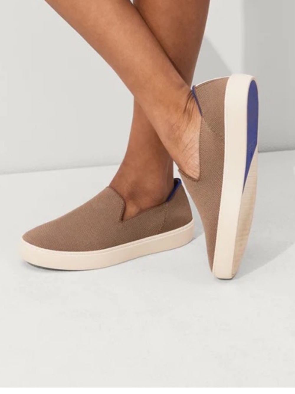 Rothy's Taupe Slip-On Canvas Loafers with Blue Trim